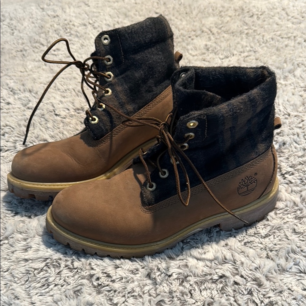Timberland Men's Two-Tone Brown and Black Boots w/Plaid Flannel Like New